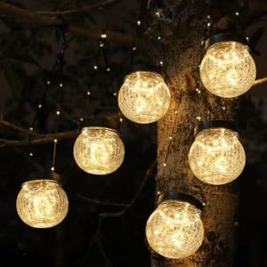 PARTPHONER Solar Lanterns Solar Lights Outdoor Waterproof 6-Pack, Solar Powered Hanging Lights Cracked Glass Hanging Globes for Christmas Decoration, Shepherd Hook, Garden Tree Ornaments
