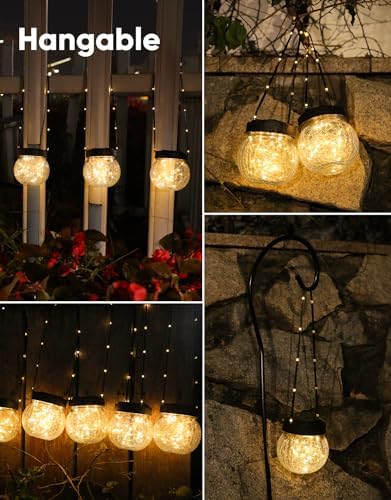 PARTPHONER Solar Lanterns Solar Lights Outdoor Waterproof 6-Pack, Solar Powered Hanging Lights Cracked Glass Hanging Globes for Christmas Decoration, Shepherd Hook, Garden Tree Ornaments - Image 5