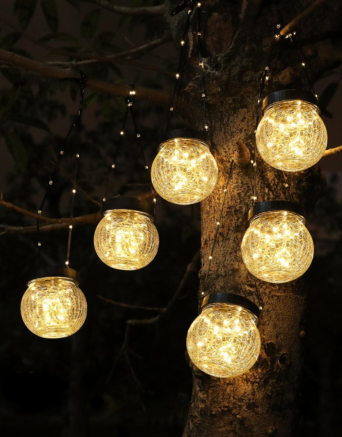 PARTPHONER Solar Lanterns Solar Lights Outdoor Waterproof 6-Pack, Solar Powered Hanging Lights Cracked Glass Hanging Globes for Christmas Decoration, Shepherd Hook, Garden Tree Ornaments - Image 9