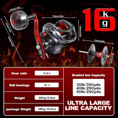 Sougayilang Baitcaster Fishing Reel, 400 Size with 35lbs Max Drag 6.3:1 Gear Ratio, Low Profile Casting Reel, Large Line Capacity for Musky Catfish - Image 3